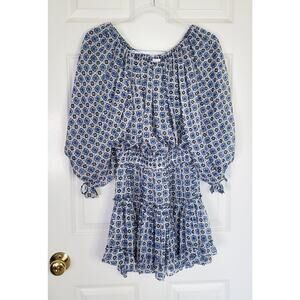Misa LA Zonia Blue/White Geometric Off-Shoulder Chiffon Mini Dress XS